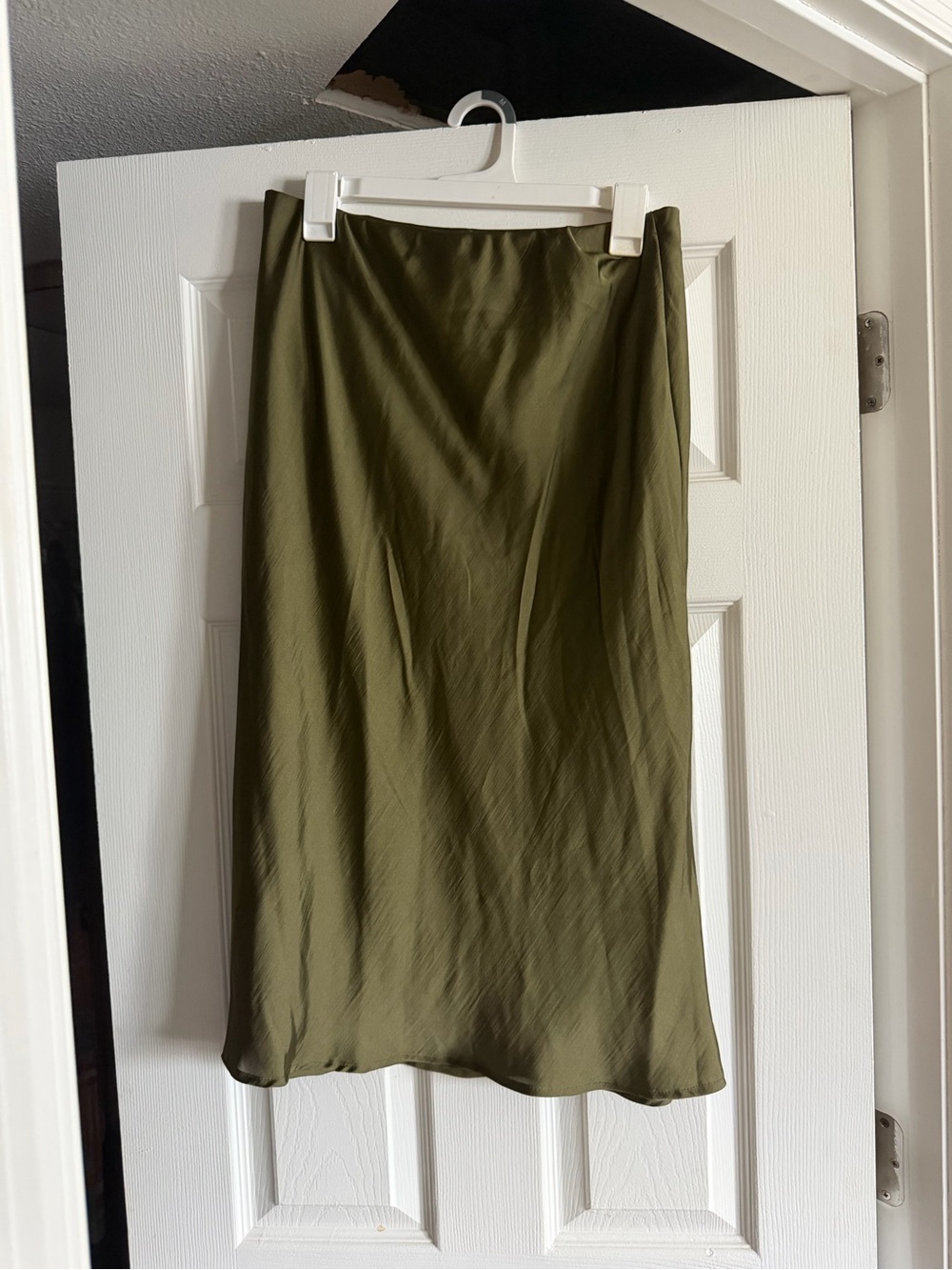 Forgotten Grace Satin Midi Olive Skirt